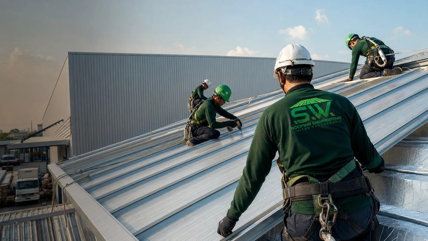 SW Roofing specialist installation crew working safely on an industrial metal roof